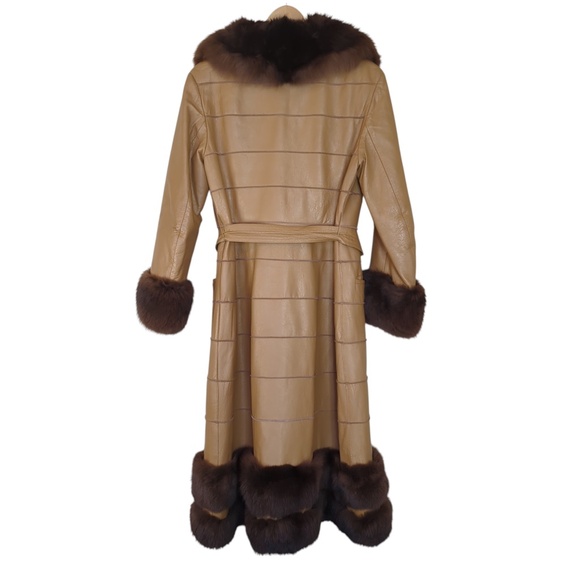 Vintage 70s Tan Leather Belted Coat Brown Faux Fur Trim | Boho Glam Statement - Picture 8 of 16